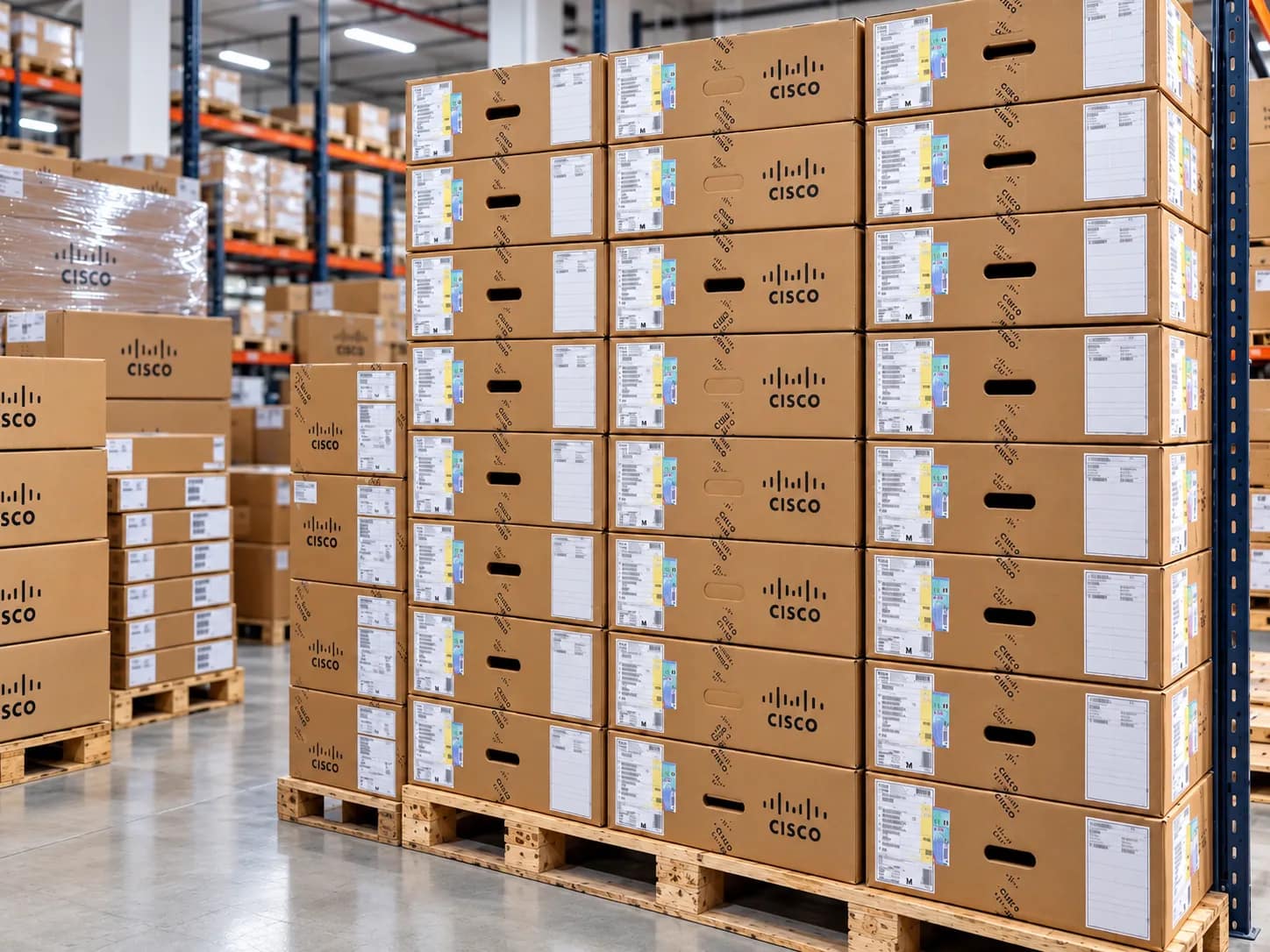 Bairno Cisco Network Equipment Supplier warehouse illustration showing Cisco network equipment boxes stacked on pallets